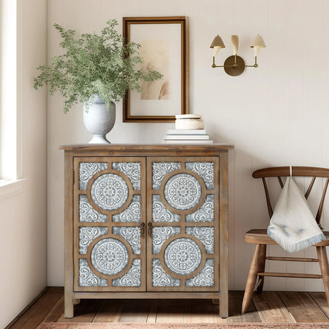 Floral craving wood 2-door storage cabinet