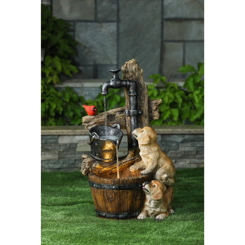 Resin Puppies and Water Pump Outdoor Patio Fountain with LED Light