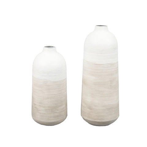 Set of 2 Distressed Tan and White Metal Bottle Vases