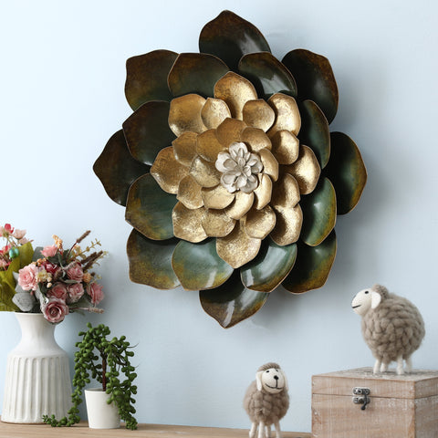Green, Gold, and White Metal Flower Wall Decor