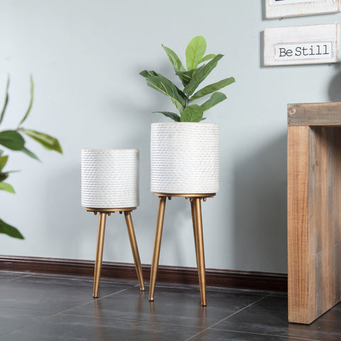 Set of 2 White Dimpled Metal Cachepot Planters with Bronze Metal Legs