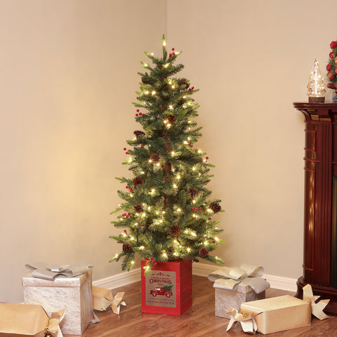 5Ft Pre-Lit LED Artificial Slim Pine Christmas Tree with Pine Cones, Berries, and Red Wood Planter
