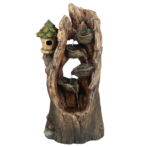 Brown Resin Hollow Tree and Birdhouse Outdoor Fountain with LED Light