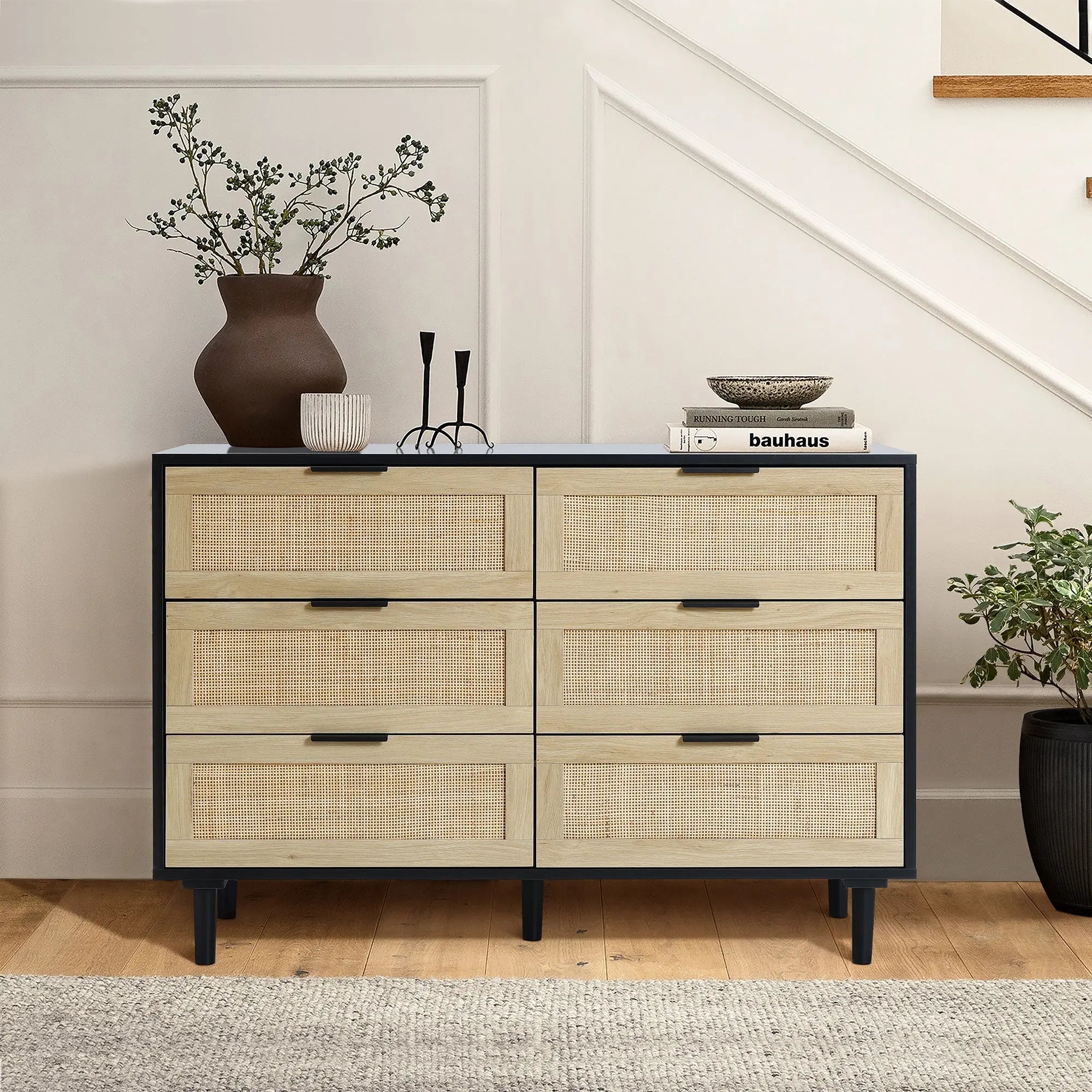 Azhar black 6-drawer rattan dresser, 29.5