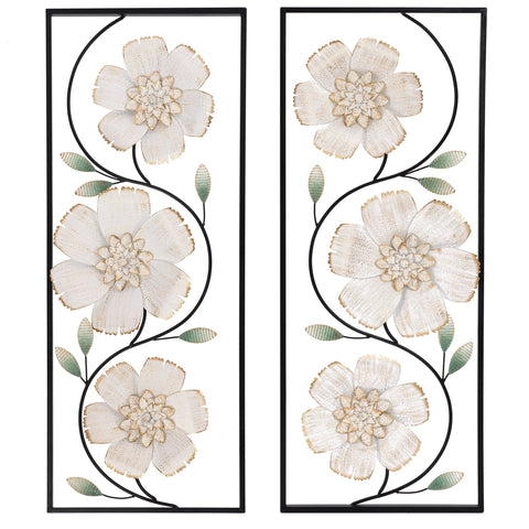 Off White and Gold Magnolia Flowers Black Metal Rectangular Wall Decor, Set of 2