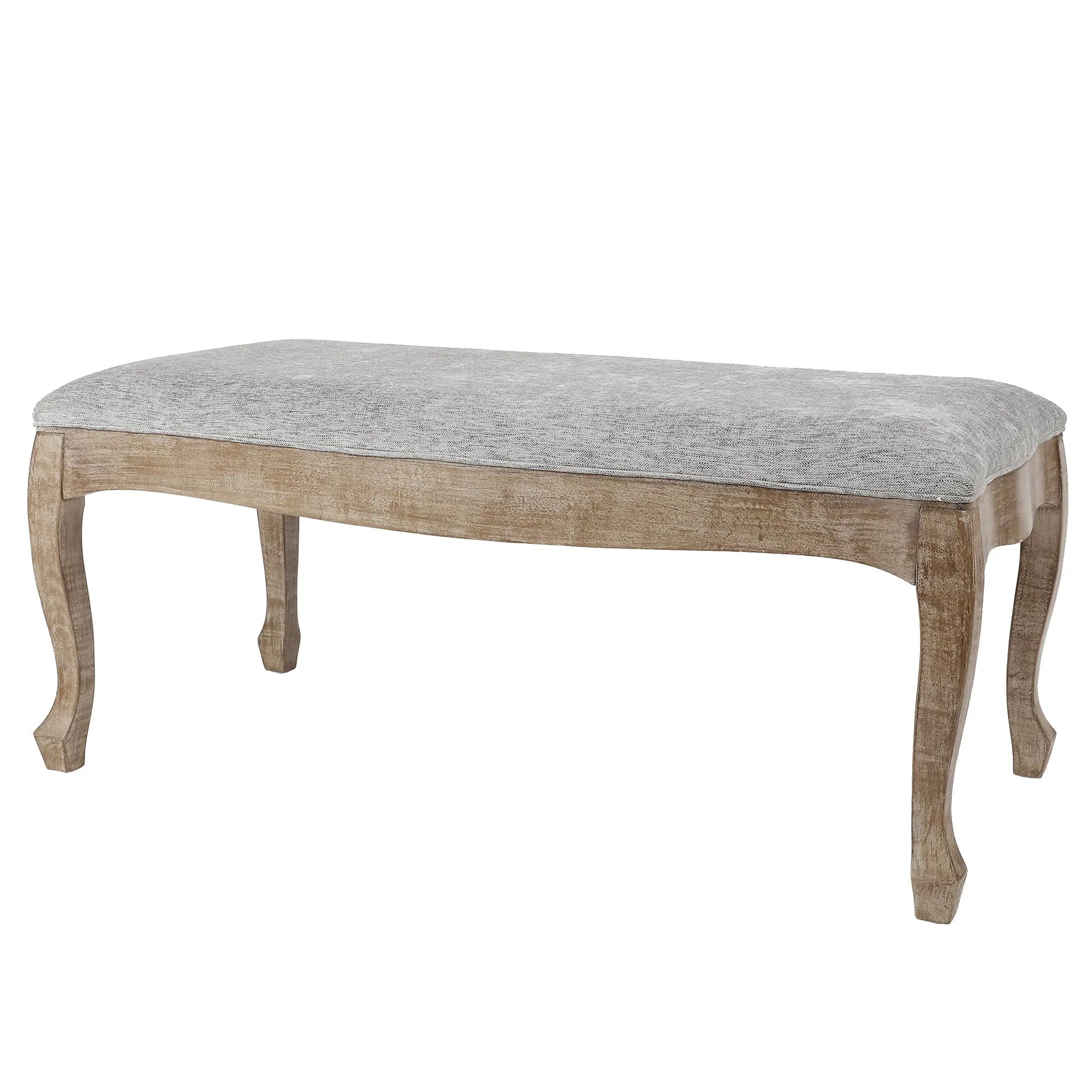 Upholstered bench with a light grey linen upholstery and wooden legs, blending old-world charm with modern simplicity, photographed against a white background.