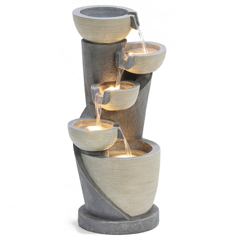 Gray Cascading Bowls and Column Resin Outdoor Fountain with LED Lights