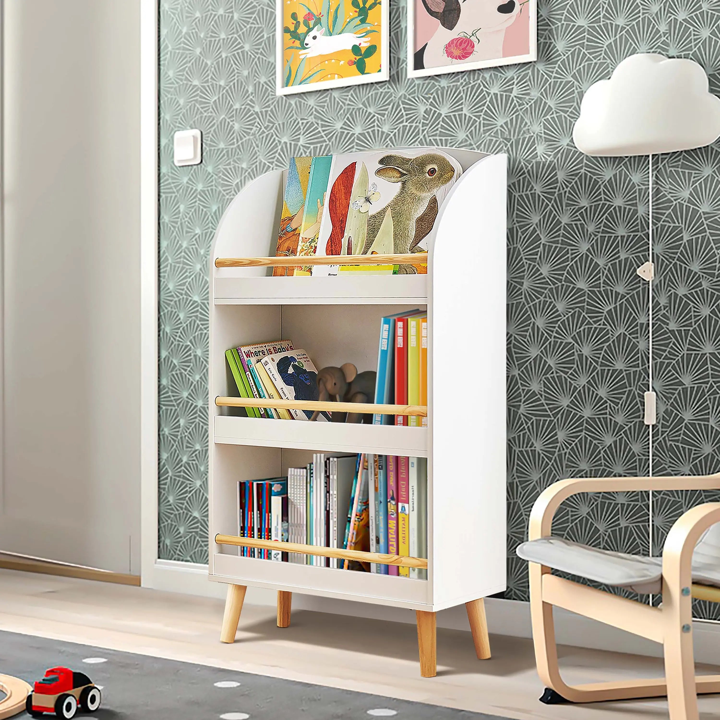 white-bookcase-and-a-rocking-chair