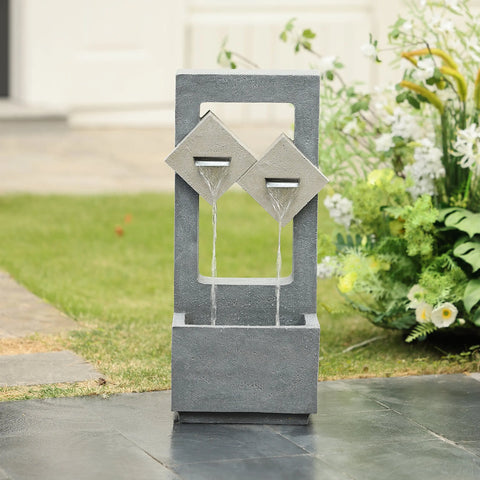 Cascading Gray Resin Rectangular Outdoor Fountain with LED Lights