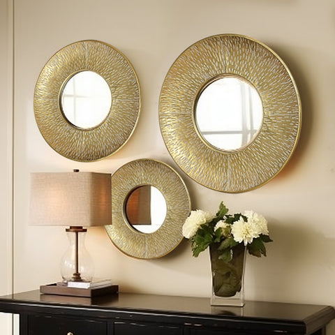 3-Piece Gold Metal Round Wall Mirror Set