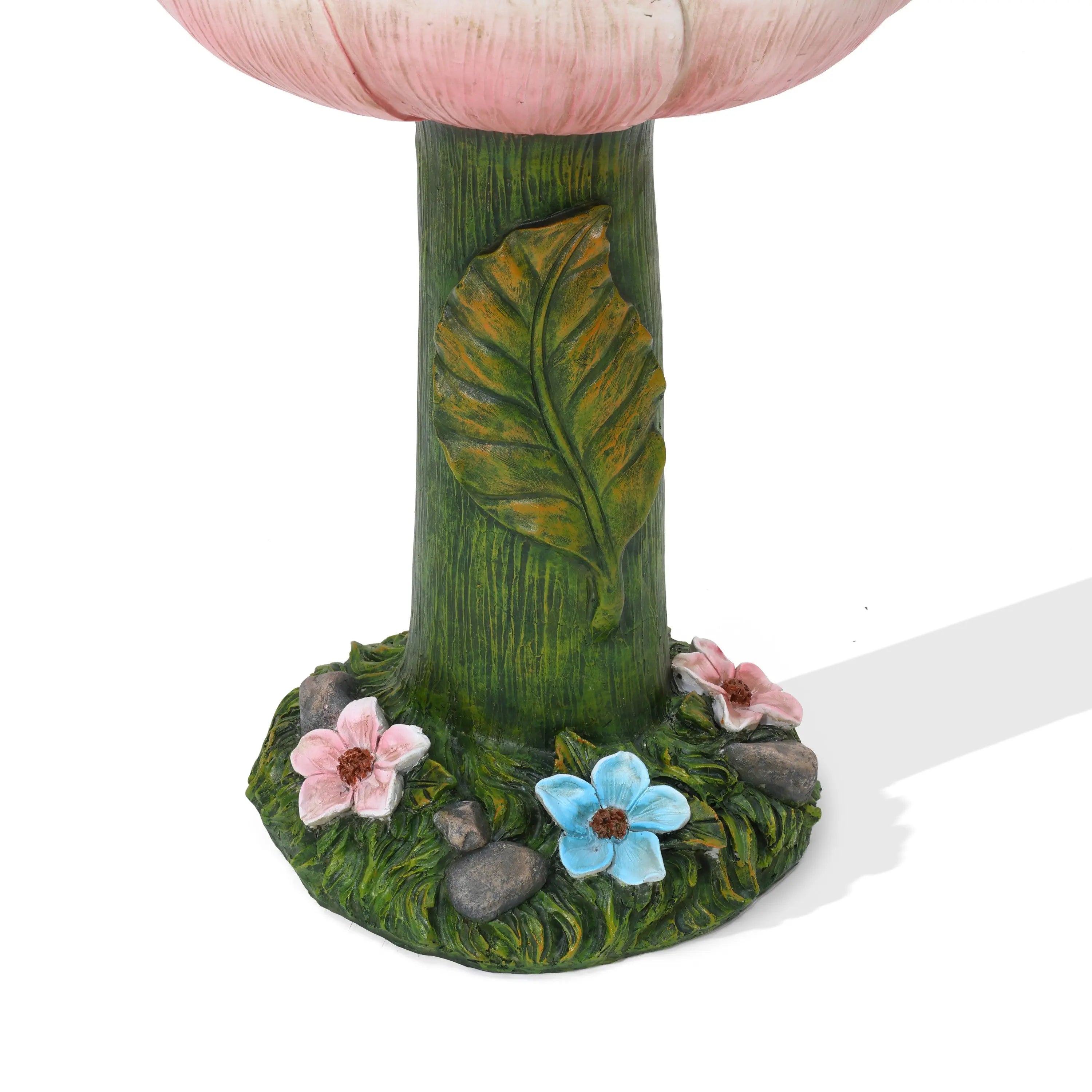 Pink-Flower-Birdbath-that-has-a-leafy-stem-and-flat-bottom-with-small-flowers-plus-pebbles