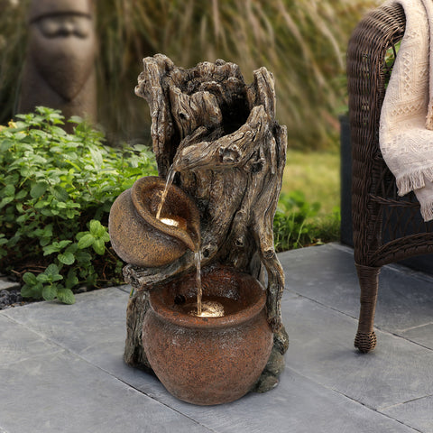 Brown Resin Tree Farmhouse Pots Outdoor Fountain with LED Lights