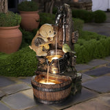  garden-fountain-with-a-playful-dog-a-bird-cascading-water-and-glowing-lights-in-a-rustic-bucket-and-barrel design