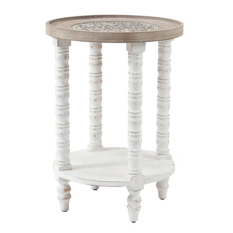 White and Natural Wood Round Accent Side Table with Storage