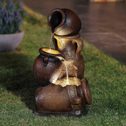 Brown Urns Resin Outdoor Fountain with LED Lights