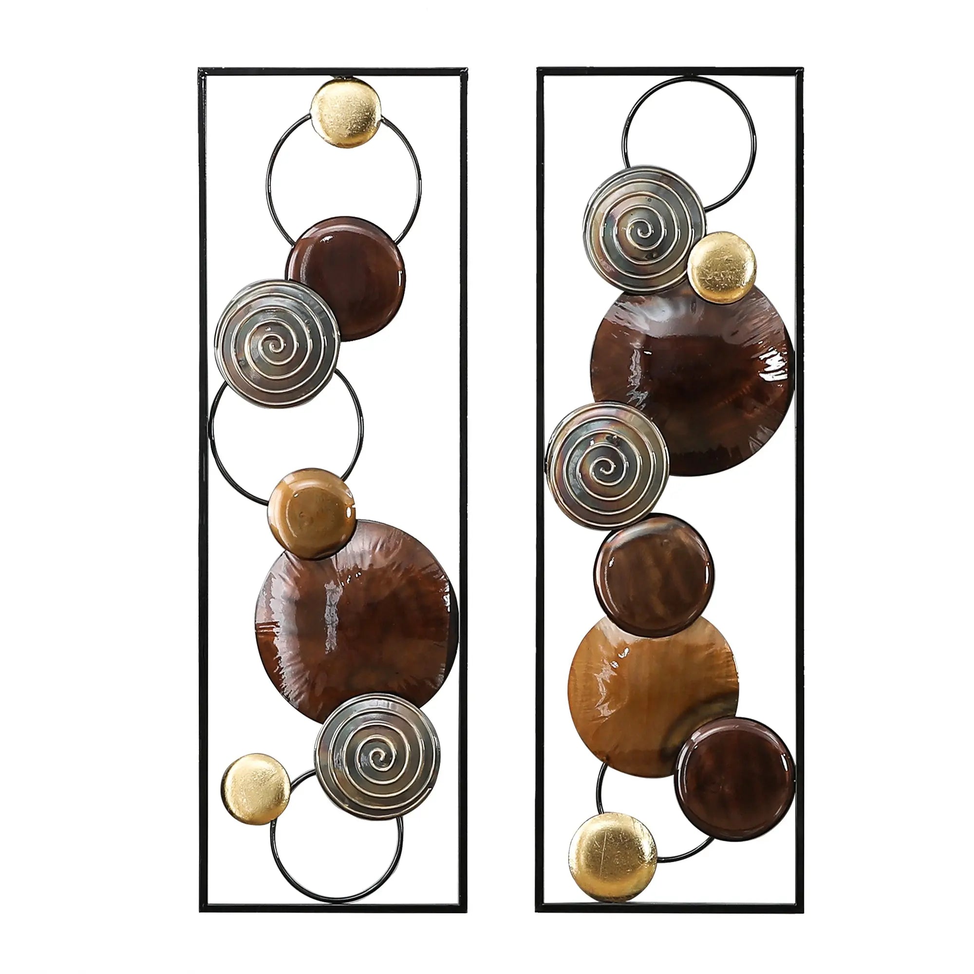 Two rectangular metal panels feature circular shapes in brown, gold, and silver tones with spiral patterns, arranged vertically—perfect for adding modern wall decor to any contemporary home.