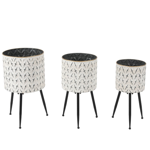 Set of 3 Distressed White and Black Metal Cachepot Planters with Legs