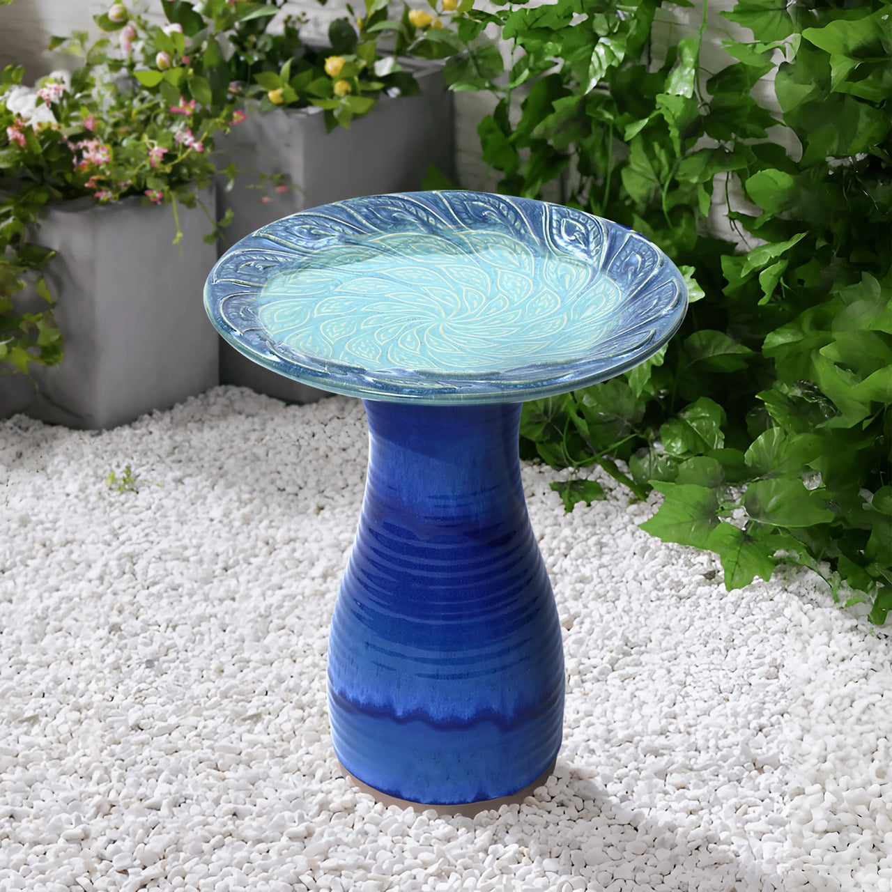 Blue glazed spiral ceramic birdbath LuxenHome