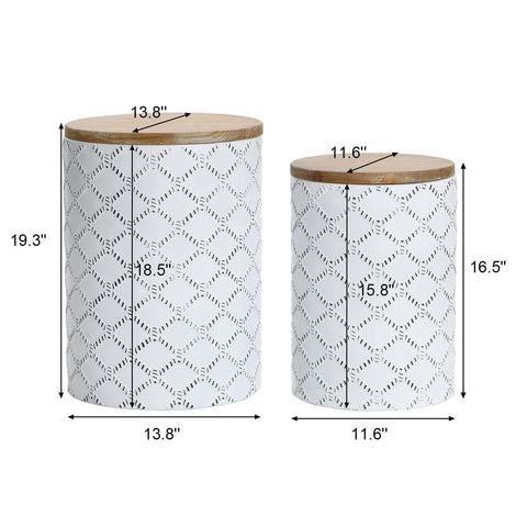 Wood top white metal end tables with storage, set of 2
