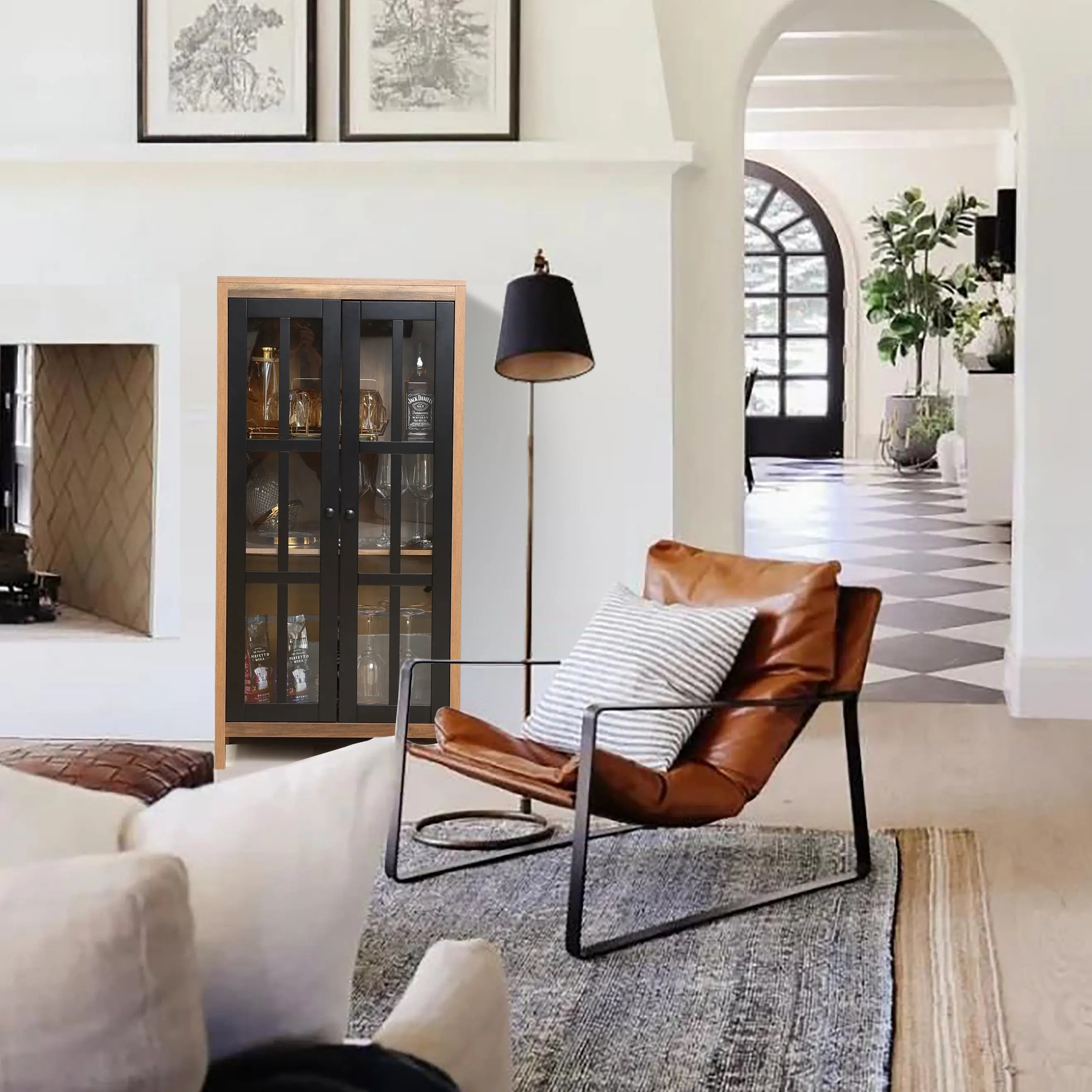 beautiful-natural-wood-glass-with-two-doors-cabinet-in-living-room