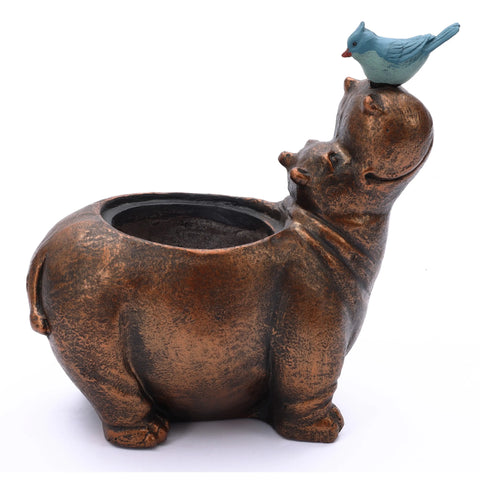 Brown Hippo and Blue Bird MgO Flower Pot Planter