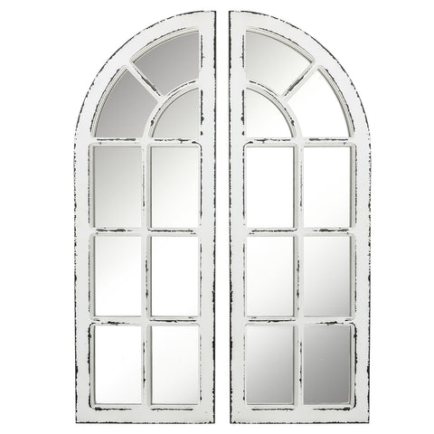 2-Piece Distressed White Wood Frame Accent Arched Window Wall Mirror