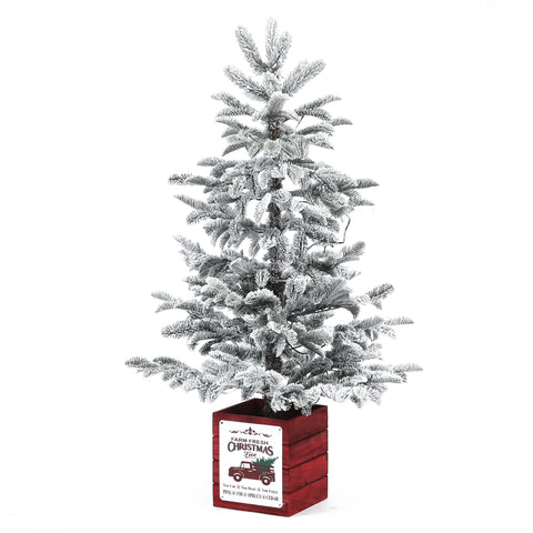 4Ft Pre-Lit LED Artificial Flocked Fir Christmas Tree with Red Wood Square Planter