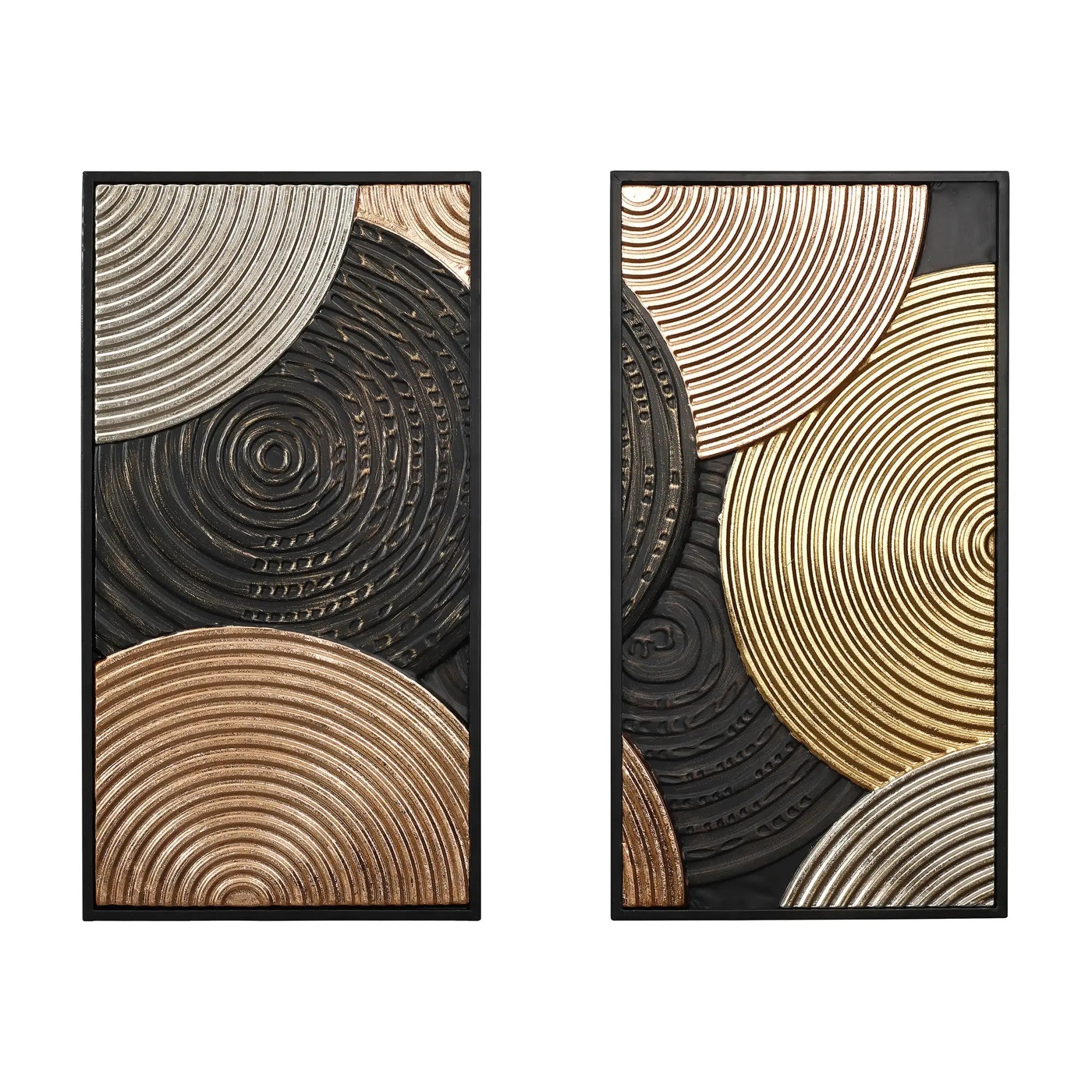 Two abstract wall art pieces with embossed textures feature overlapping spirals in gold, silver, and bronze hues on a black background.