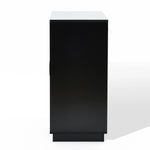 Side view of a tall, black cabinet featuring contemporary design elements against a plain white background.