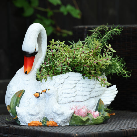 White Resin Swan Family Planter