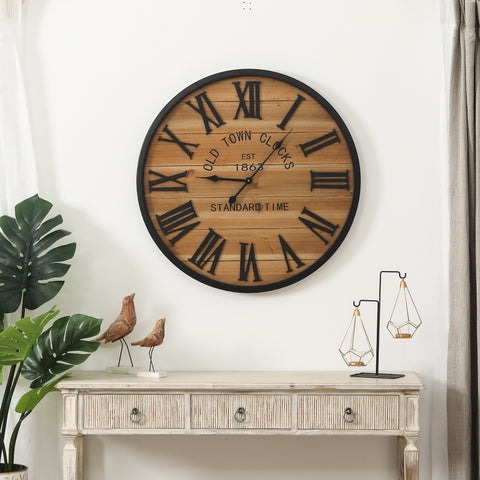 Wood Plank Metal Framed 30-Inch Round Wall Clock
