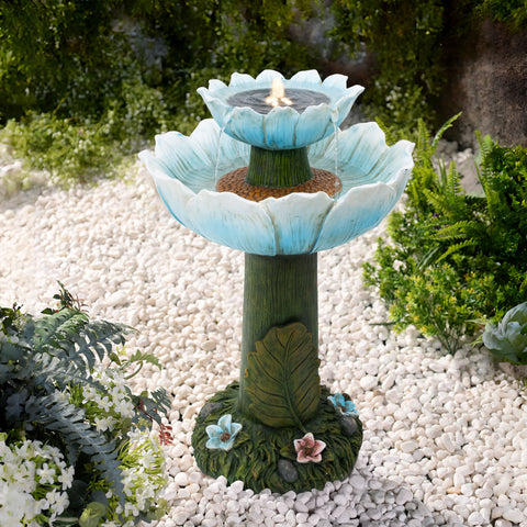 Blue lotus bubbling birdbath with lights, solar-powered
